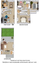 Covington with Fenced-in Yard. 3 bedroom townhome + den. Kitchen with bartop open to living/dinning rooms. 2 full bathrooms + 2 powder rooms. Patio/balcony open to yard.