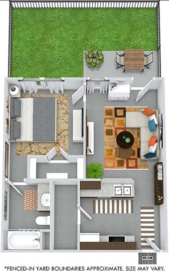 Trevino with Fenced-in Yard 1 bedroom apartment. Kitchen with bartop open to living room. 1 full bath. Large walk-in closet. Patio/balcony leading to yard..