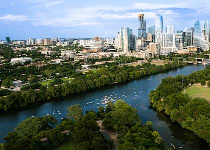 an aerial view of the city and the yarra river