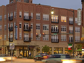 A building with a sign that says Eddy on it at The Foundry Apartments , South Bend, IN, 46617