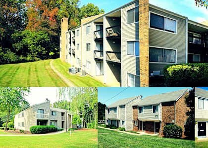 A series of images showcasing different angles of a modern residential building surrounded by greenery.at Ridgewood Apartments, Greensboro