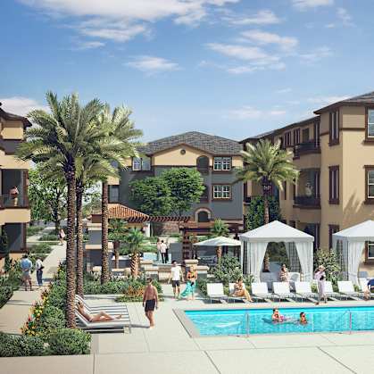 A swimming pool surrounded by palm trees and lounge chairs.