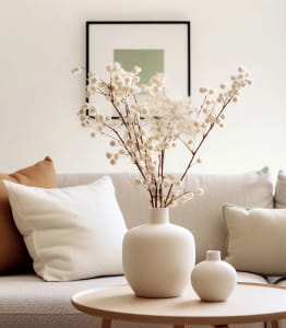 a living room with a couch and a table with a vase with flowers
