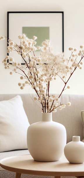 A white vase with dried flowers sits on a table in front of a couch.