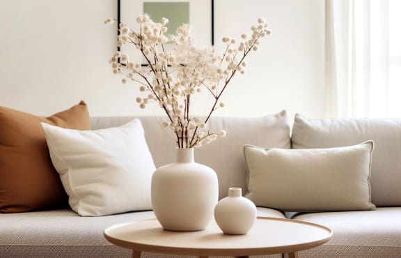 a living room with a couch and a table with a vase with flowers at The Lucky Apartments, Culver City, California