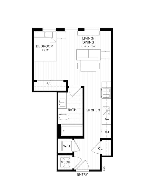Floor Plan  A floor plan of a small apartment with a bedroom, living room, kitchen, and bathroom.
