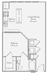 1 Bedroom 1 bath Studio floor plan 643 square feet total. Bedroom is 118 sq. ft and Living/Dining room area is 192 sq.ft. Island kitchen layout with Stack-able washer/dryer and large walk in closet