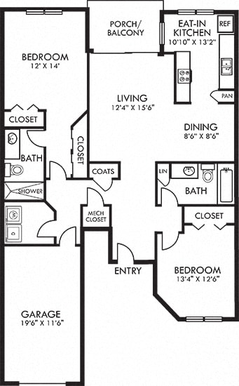Hamilton With Attached Garage. 2 bedroom apartment. Kitchen with eating area. 2 full bathrooms, shower stall in master. Two closets in master. Patio/balcony.
