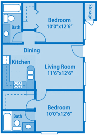 Canyon Creek 2A Floor Plan image depicting layout. Bathroom, kitchen and 2nd bath on the left. Both bedrooms and living room on the right.
