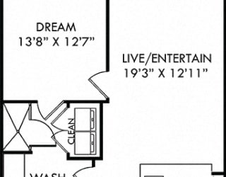The Matlock. 1 bedroom apartment. Kitchen with bartop open to living room. 1 full bathroom. Walk-in closet. Patio/balcony.