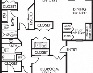 Timber Crest. 3 bedroom apartment. Kitchen with eating space. Study area. 2 full bathrooms, shower stall in master. Two closets in master. Patio.
