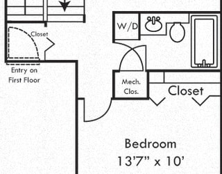 The Alder. 1 bedroom apartment, 1st floor entry. Kitchen with bartop open to living room. 1 full bathroom. closet.