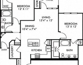 Pecos with Attached Garage. 2 bedroom apartment. Kitchen with island open to living/dinning rooms. 2 full bathrooms, double vanity in master. Walk-in closets. Patio/balcony.