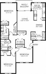 Timber Crest. 3 bedroom apartment. Kitchen with eating space. Study area. 2 full bathrooms, shower stall in master. Two closets in master. Patio.