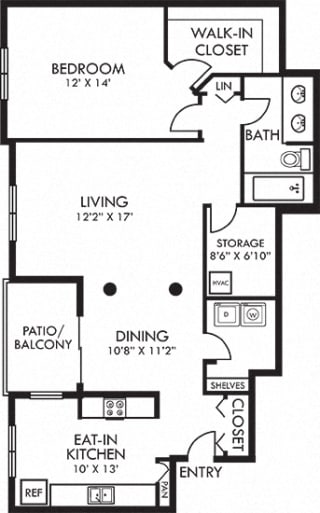 Stonebrook. 1 bedroom apartment. Kitchen closed off. 1 full bathroom with double vanity. Extra storage room. Walk-in closet in bedroom. Patio/balcony.