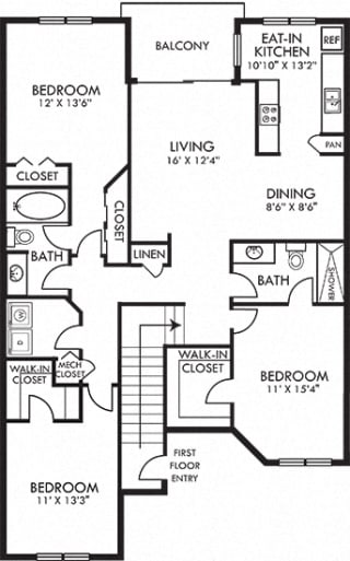 Royal Crest. 3 bedroom apartment. Kitchen with eating space. 2 full bathrooms, shower stall in master. Walk-in closets. Patio.