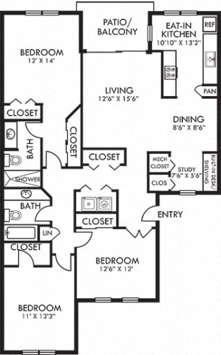 Timber Crest. 3 bedroom apartment. Kitchen with eating space. Study area. 2 full bathrooms, shower stall in master. Two closets in master. Patio.