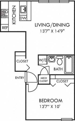 The Ivy Ivy 1 bedroom apartment. Kitchen open to living room. 1 bath. in-unit laundry. hallway and bedroom closet.