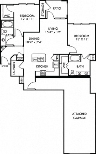 Pecos with Attached Garage Pecos with Attached Garage. 2 bedroom apartment. Kitchen with island open to living/dinning rooms. 2 full bathrooms, double vanity in master. Walk-in closets. Patio/balcony.