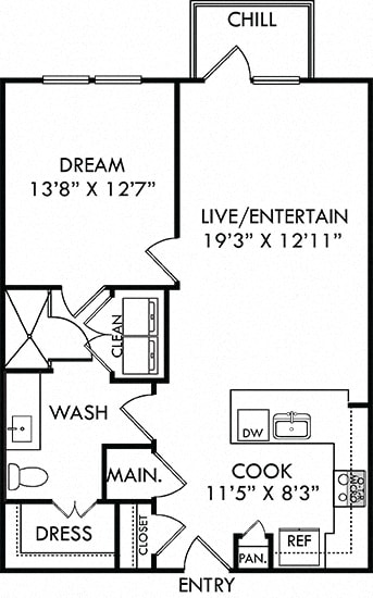 The Matlock. 1 bedroom apartment. Kitchen with bartop open to living room. 1 full bathroom. Walk-in closet. Patio/balcony.