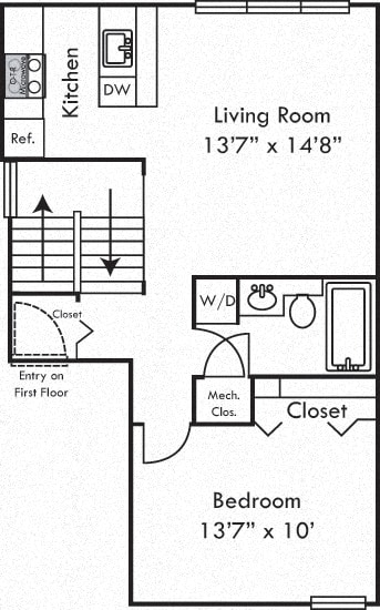 The Alder. 1 bedroom apartment, 1st floor entry. Kitchen with bartop open to living room. 1 full bathroom. closet.