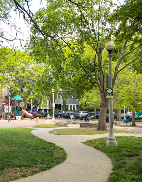 a park with green grass and trees and a playground in the background