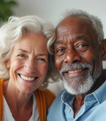 An older couple is smiling and sitting closely together on a couch.