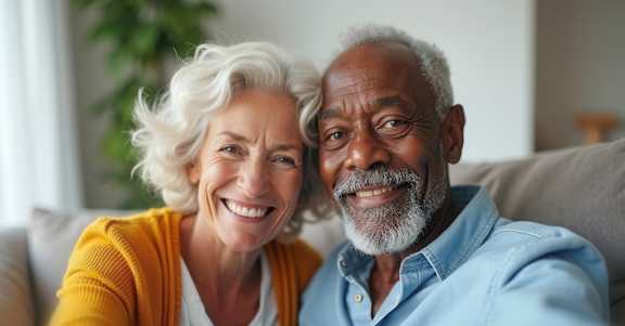 An older couple is smiling and sitting closely together on a couch.