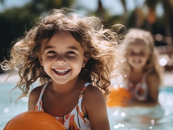 two young girls playing in a pool with an orange ball
