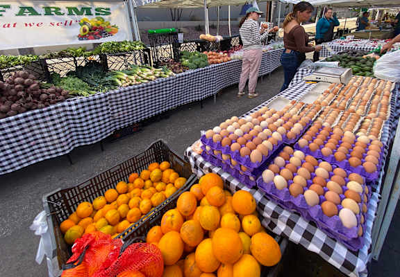 A market stall with a sign that says "FARMS at we sell".