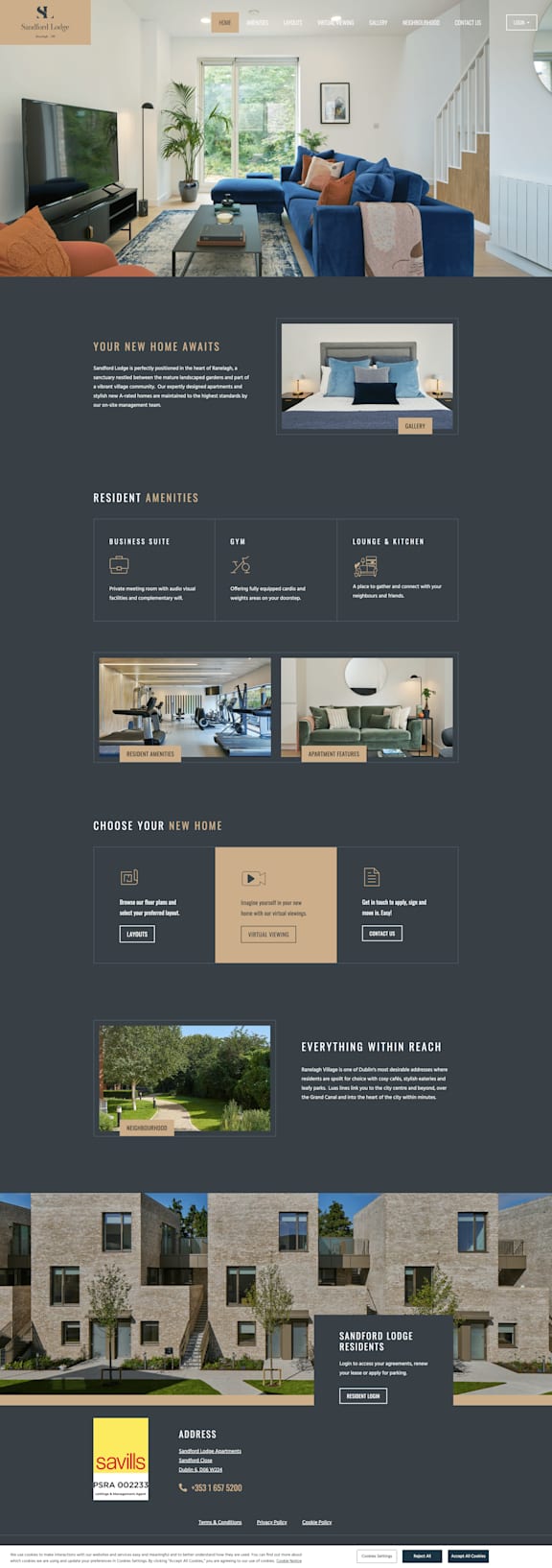 A webpage showcasing interior and exterior shots of a residential building.