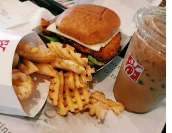 Chick-fil-a chicken sandwich with lettuce and a side of fries and a drink at Chandler Heights, Chandler, AZ