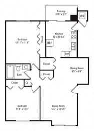 2 Bed 1 Bath 900 square feet floor plan
