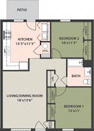  Floor Plan 2-Bedroom, 1-Bath Garden
