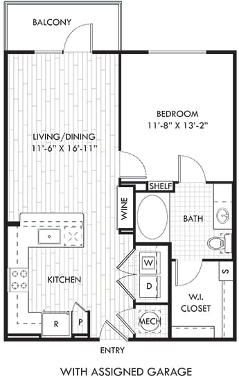 The Smith. 1 bedroom apartment with assigned garage. Kitchen with bartop open to living/dinning room. 1 full bathroom. Walk-in closet. Patio/balcony.