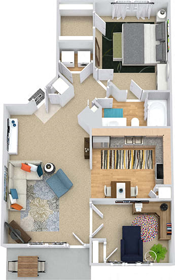 Lyndon + Den 3D. 1 bedroom apartment. Den room. Large kitchen. 1 full bathroom. Walk-in closet. Patio/balcony.