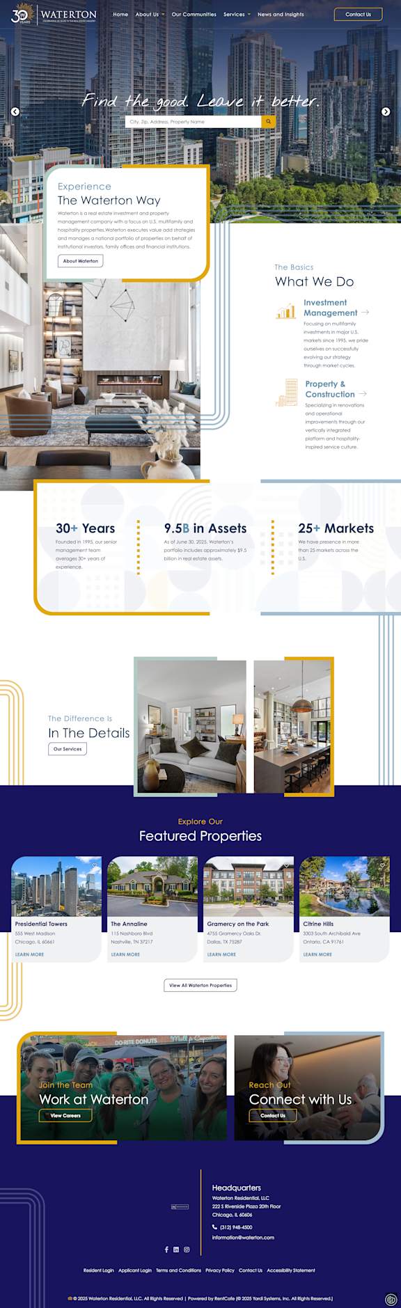 A webpage showcasing Waterton's property management services with various sections including experience, what they do, and featured properties.