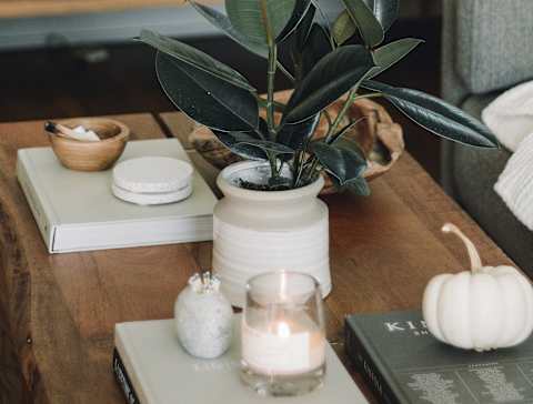 A table with a lit candle, a pumpkin, and a plant.