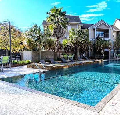 A swimming pool surrounded by palm trees and lounge chairs.