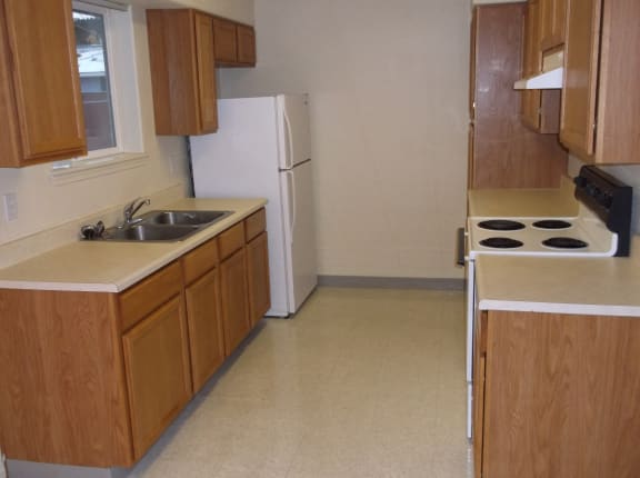 Image of stove, range hood, faucet, sink, window, refrigerator, cabinets, and counter space