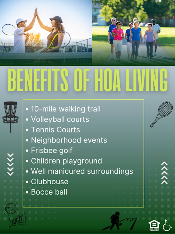 A poster advertising the benefits of living in Hoa, including a 10-mile walking trail, volleyball courts, tennis courts, and more.