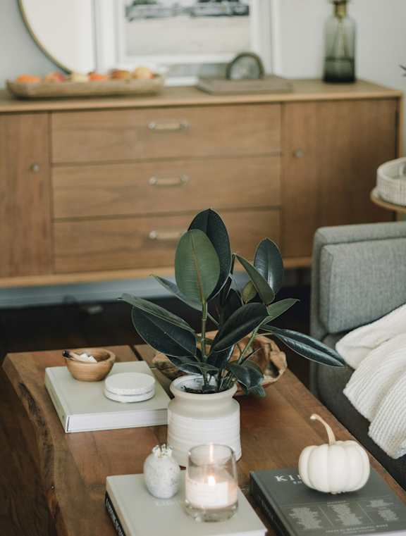 A round mirror with a leafy stem is hanging on a wall above a white shelf with a vase of flowers on it.