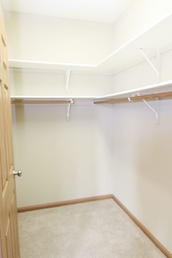 Empty walk in closet with rods for hanging and built in shelves.