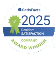 A badge indicating a company as the winner of the Satisfacts 2025 Resident Satisfaction Award.