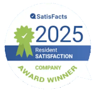 A circular logo with a green ribbon and the text "Satisfacts 2025 Resident SATISFACTION COMPANY AWARD WINNER".
