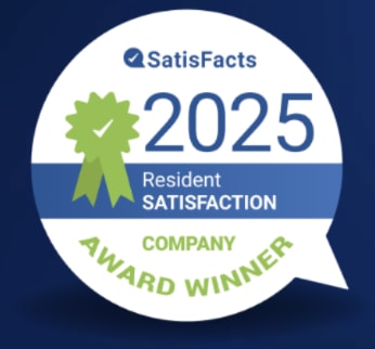 A blue and white circular badge with the text "Satisfacts 2025 Resident SATISFACTION COMPANY AWARD WINNER" and a green ribbon graphic.
