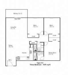  Floor Plan Three Bedroom Two Bath - 1078 Sq.Ft