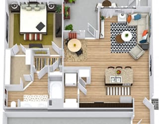 Angelina With Attached Garage 3D. 1 bedroom apartment. Kitchen with island open to living/dinning rooms. 1 full bathroom with double vanity. Walk-in closet. Patio/balcony.