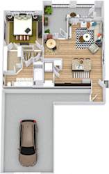 Angelina With Attached Garage 3D. 1 bedroom apartment. Kitchen with island open to living/dinning rooms. 1 full bathroom with double vanity. Walk-in closet. Patio/balcony.