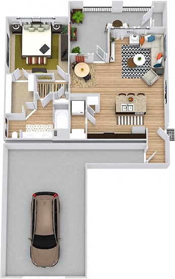Angelina With Attached Garage 3D. 1 bedroom apartment. Kitchen with island open to living/dinning rooms. 1 full bathroom with double vanity. Walk-in closet. Patio/balcony.